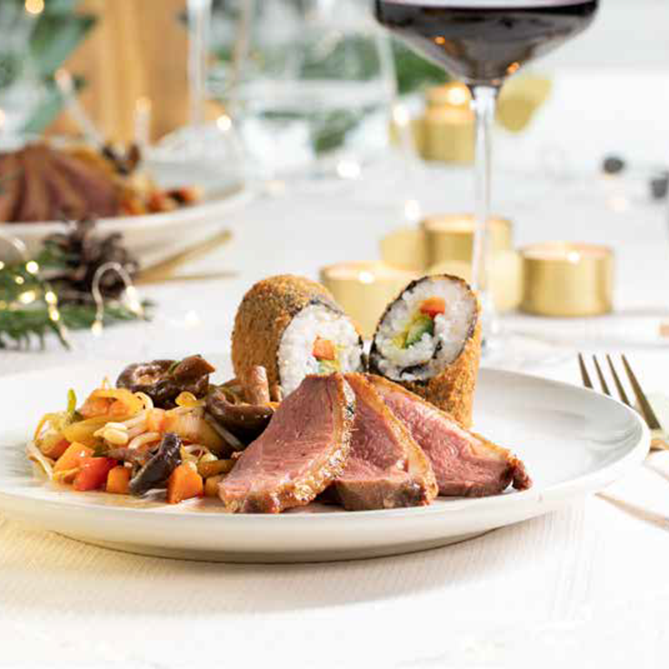 Gänsebrust Asia-Style mit Sushi